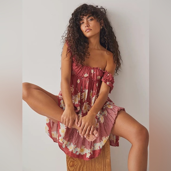 Free People Intimately Red Floral Ruffle Crisscross Mini Slip Dress XS - Picture 2 of 12